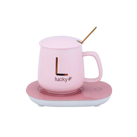 Set cana ceramica, cu incalzire, scris auriu Lucky, 350 ml, roz