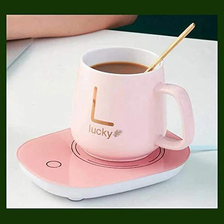 Set cana ceramica, cu incalzire, scris auriu Lucky, 350 ml, roz - imagine 4