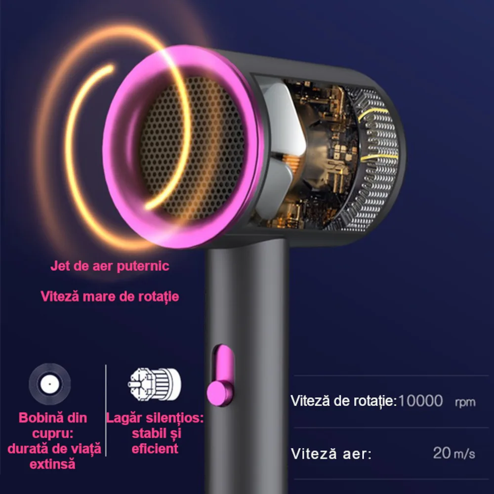 Uscator de Par ABYZ™, Motor de Inalta Viteza 10.000 RPM, 3 Trepte de Temperatura, Uscare Rapida si Silentioasa, 800W, Negru/Mov - imagine 2