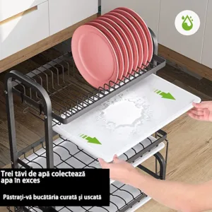 Scurgator Vase Metalic pe 3 Nivele cu Tavite de Scurgere si Suport pentru Tacamuri, Raft de Bucatarie pentru uscat Farfurii, Tigai si Capace – ABYZ™ Dimensiuni 53X26,5X59,8CM