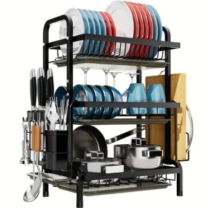 Scurgator Vase Metalic pe 3 Nivele cu Tavite de Scurgere si Suport pentru Tacamuri, Raft de Bucatarie pentru uscat Farfurii, Tigai si Capace – ABYZ™ Dimensiuni 53X26,5X59,8CM