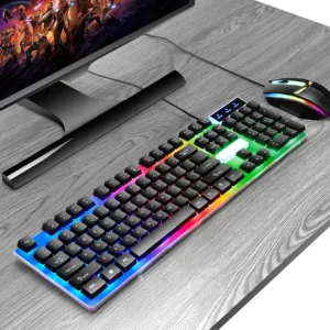 Set tastatura si mouse gaming RGB ABYZ 104 taste, USB, ergonomic, rezistent la apa, iluminare colorata, ideal pentru gaming, negru