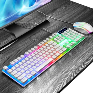 Set tastatura si mouse gaming RGB ABYZ 104 taste, USB, ergonomic, rezistent la apa, iluminare colorata, ideal pentru gaming, alb