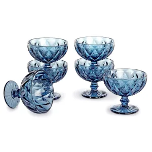 Set 6 cupe inghetata din sticla Bleu, 300 ml, model fatetat elegant, ideale pentru deserturi, fructe si servire premium, ABYZ