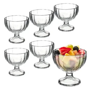 Set 6 cupe inghetata din sticla transparenta ABYZ, 270 ml, model fatetat, boluri pentru desert, salata de fructe si servire premium