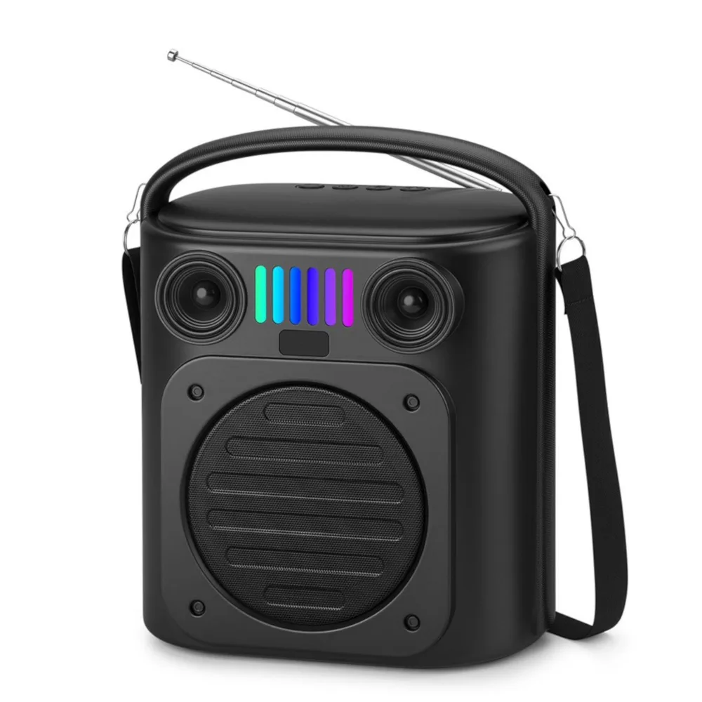 Boxă portabilă Bluetooth neagră cu dimensiuni de $218 \times 122 \times 265\text{ mm}$, mâner superior, antenă și curea de umăr.