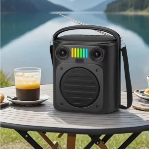 Boxa Bluetooth portabila cu incarcare solara si reincarcare USB-C, putere 20W, radio FM, lumini RGB, suport USB TF Card AUX, Negru