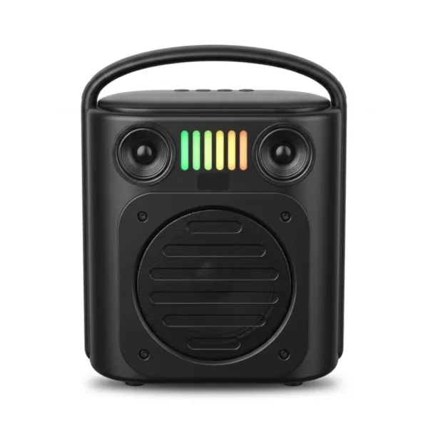 Vedere frontală a boxei audio portabile cu sistem de lumini LED RGB active în culorile galben și verde.