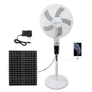 Ventilator solar cu picior si telecomanda ABYZ, 12W, 16 inchi, 4 trepte de viteza, panou solar 9V 12W, lumini LED, functie powerbank USB, Alb