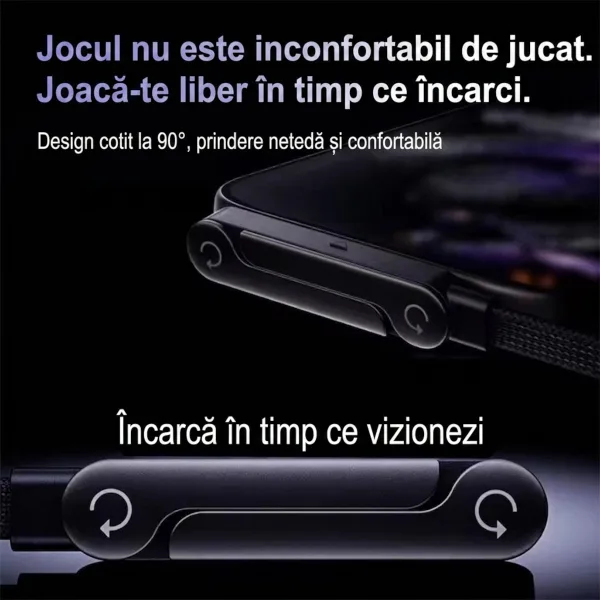 Detaliu al conectorului cotit la 90 de grade cu suport telefon închis, optimizat pentru prindere confortabilă în jocuri.