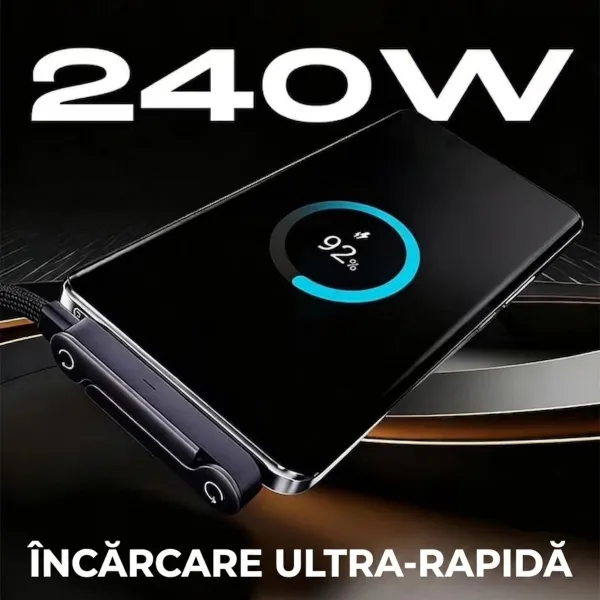 Telefon inteligent aflat la încărcare ultra-rapidă de 240W cu cablul Type-C ABYZ conectat pe margine.