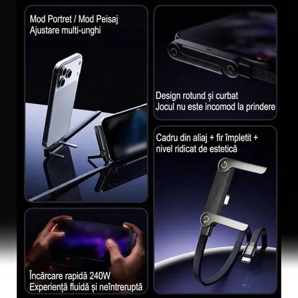 Set de imagini ce prezintă funcția de suport rotativ pentru telefon în modul portret și peisaj, structura din aliaj și conectorul cotit.