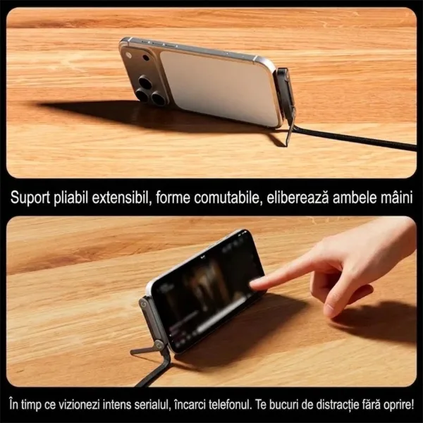Smartphone sprijinit pe masă cu ajutorul suportului pliabil integrat în cablul Type-C ABYZ în timp ce rulează un videoclip.
