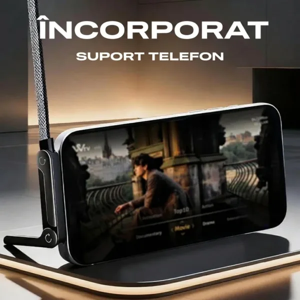 Prezentare a telefonului așezat în poziție orizontală pe suportul cablului Type-C în timpul încărcării.