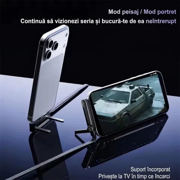 Telefon inteligent așezat atât în mod portret, cât și peisaj cu ajutorul suportului încorporat în cablul ABYZ.