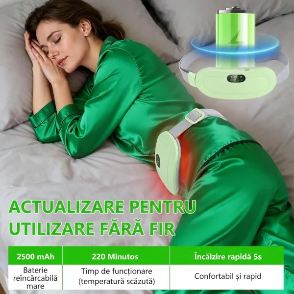 Femeie dormind confortabil purtand centura de incalzire fara fir ABYZ cu baterie de 2500 mAh.
