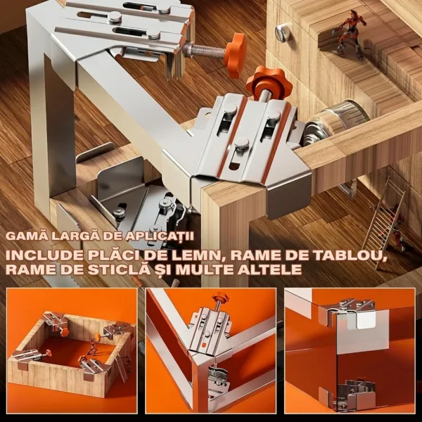 Cleme unghiulare reglabile folosite la asamblarea cadrelor din lemn, sticlă și piese de mobilier.