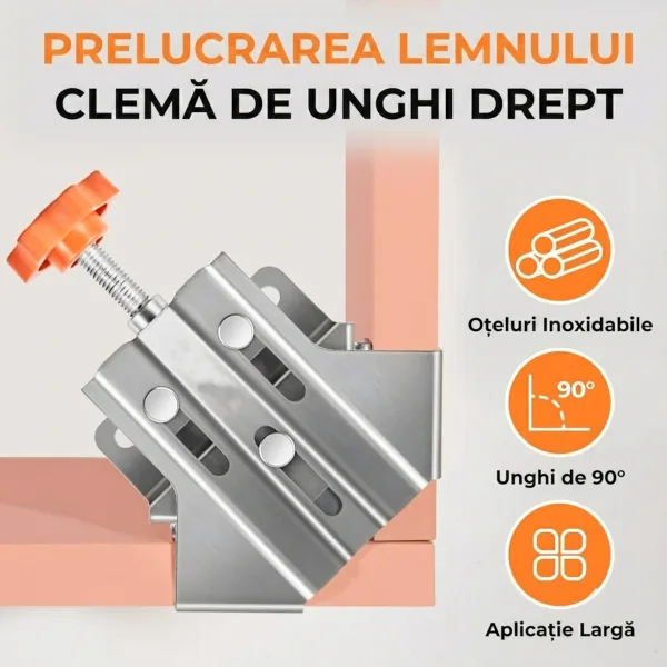 Clemă de unghi drept din oțel inoxidabil fixată pe scânduri din lemn la 90 de grade.