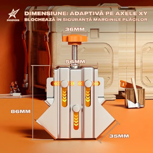 Dimensiunile tehnice ale clemei unghiulare ABYZ: lungime 86mm, lățime 56mm, buton 36mm și falcă 35mm.