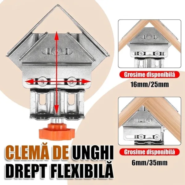 Două cleme unghiulare închise poziționate simultan pe colțurile unei structuri din lemn pentru aliniere la 90 grade.