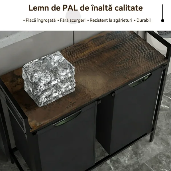Detaliu cu colțul cadrului metalic din oțel și finisajul neted al blatului superior din MDF.