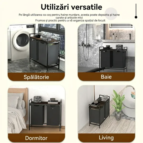 Colaj cu utilizările versatile ale coșului de rufe în spălătorie, baie, dormitor și living.