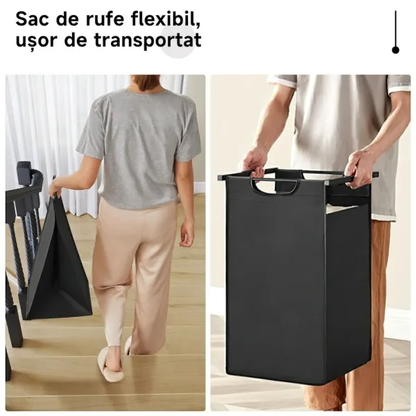Persoană purtând în mână un sac de rufe detașabil, pliabil și ușor de transportat.