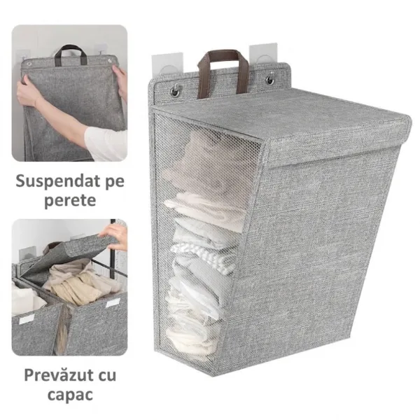 Coș de rufe suspendat pe perete ABYZ cu capac și plasă laterală plină cu haine împăturite.