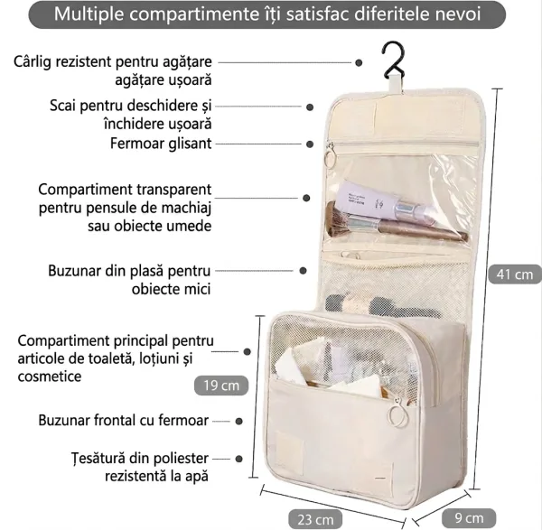 Infografic cu dimensiunile genții de cosmetice ABYZ bej deschisă (41 cm înălțime, 23 cm lățime) și detalierea compartimentelor.