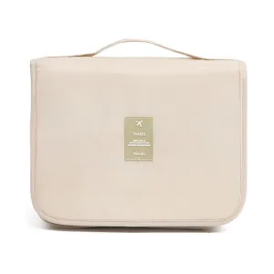 Geanta cosmetice de calatorie ABYZ pliabila cu agatatoare impermeabila compartimente multiple Bej 24x19x9cm