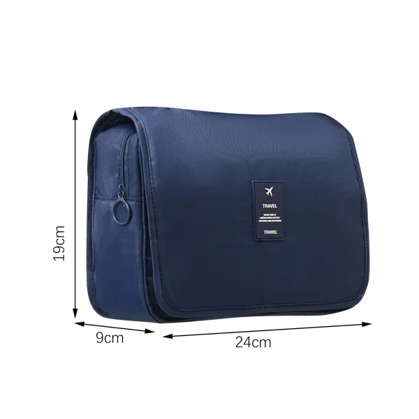 Schemă grafică cu dimensiunile genții de cosmetice ABYZ albastre: 24 cm lungime, 19 cm înălțime și 9 cm latime.
