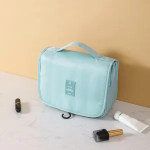 Geanta cosmetice de calatorie ABYZ pliabila cu agatatoare impermeabila compartimente multiple Albastru Deschis 24x19cm