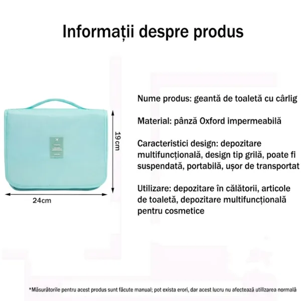 Infografic cu caracteristicile genții de cosmetice: cârlig de agățare, buzunar PVC impermeabil, buzunar din plasă și compartiment principal.