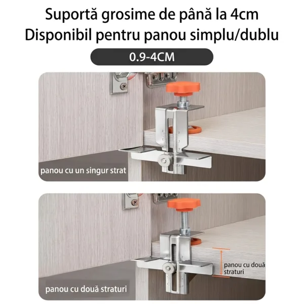 Dispozitiv de asistenta la instalarea usii plane pe un dulap mediu, fixat ferm pe placa laterala.