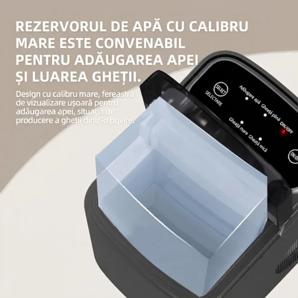 Rezervor de apă cu calibru mare și panou de control inteligent al aparatului de gheață.