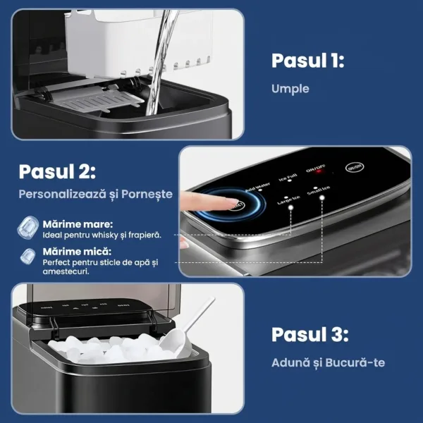 Ghid în 3 pași ușori pentru prepararea gheții: umplere, selectare dimensiune și colectare cu lopățica.