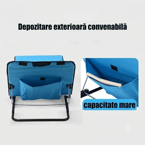 Vedere din spate a spatarului saltelei ABYZ Blue, evidentiind cadrul metalic reglabil si buzunarul posterior de depozitare cu capacitate mare.