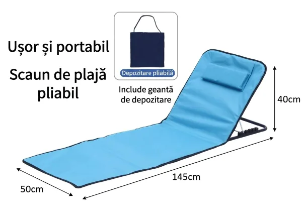 Diagrama explicativa cu dimensiunile saltelei pliabile ABYZ (145x50 cm extinsa, 40 cm inaltime spatar) si geanta de depozitare inclusa.