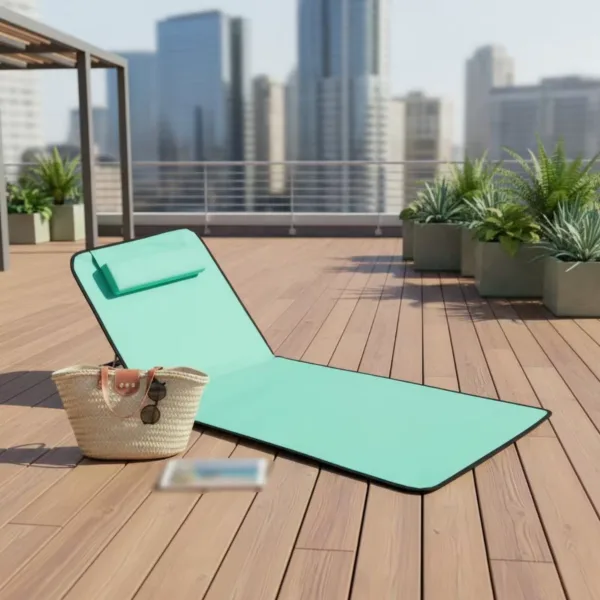 Sezlong textil pliabil verde ABYZ amplasat pe o terasa din lemn, langa o geanta de plaja si ochelari de soare.