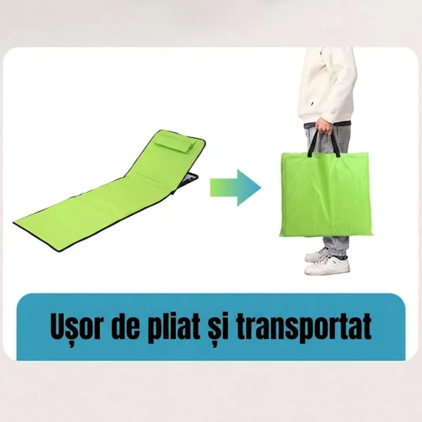 Grafic explicativ ce arata procesul de pliere a saltelei de plaja ABYZ intr-o geanta compacta purtata in mana.