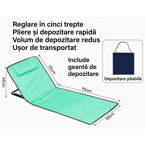 Schema tehnica cu dimensiunile saltelei ABYZ (145x50 cm, spatar 55 cm, baza 95 cm, inaltime 45 cm) si geanta de depozitare.
