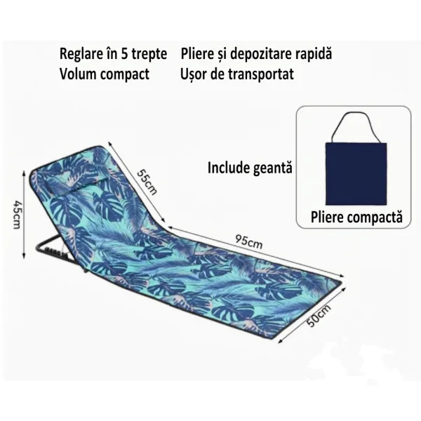 Schema tehnica cu dimensiunile saltelei ABYZ (145x50 cm extinsa, 55 cm spatar, 95 cm baza, 45 cm inaltime) si geanta de depozitare inclusa.