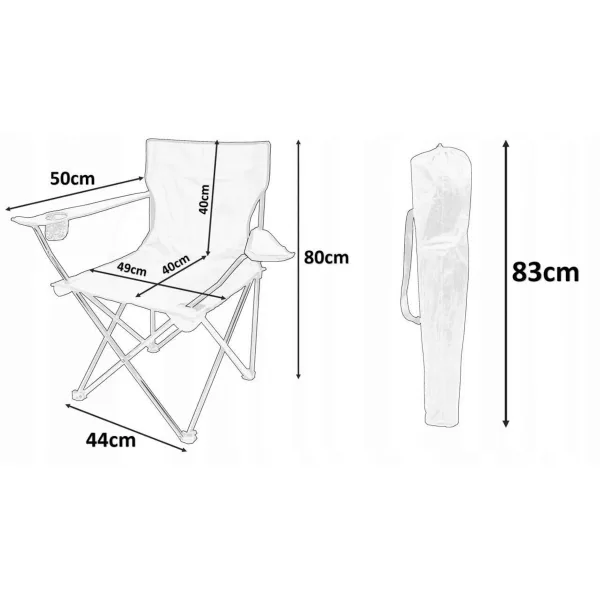 Schiță tehnică cu dimensiunile detaliate ale scaunului pliabil ABYZ (80 cm înălțime, 50 cm lățime) și ale husei de 83 cm.