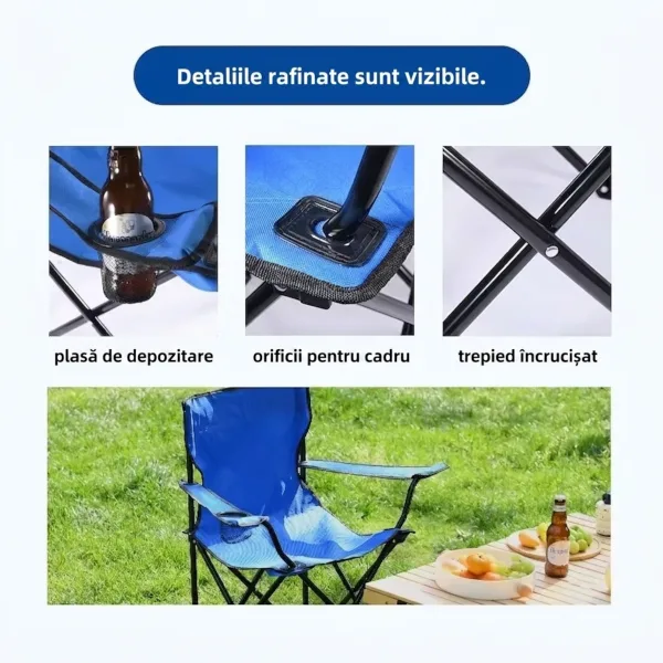 Prezentare de detaliu a componentelor scaunului: suportul de plasă pentru băuturi, decupajele cadrului și picioarele metalice încroșate.