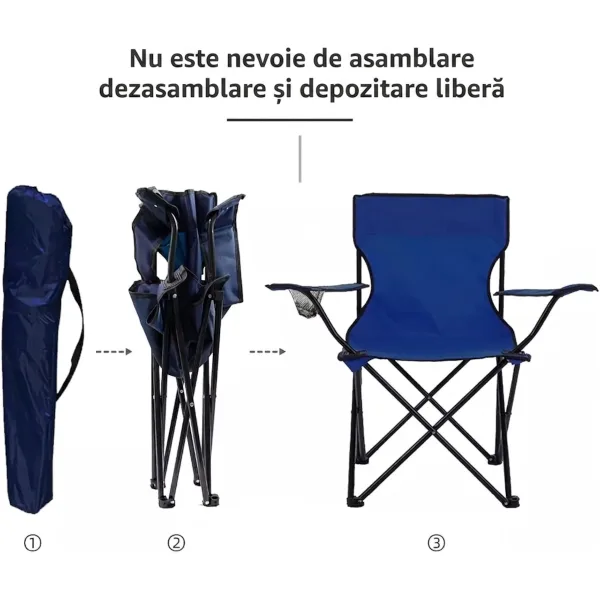 Schemă de pliere în 3 pași indicând husa de transport, scaunul semi-pliat și scaunul albastru ABYZ complet extins.