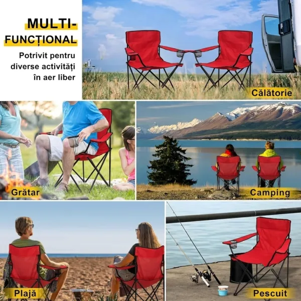 Colaj de imagini demonstrative cu utilizările multifuncționale ale scaunului roșu ABYZ: călătorie, grătar, camping, plajă și pescuit.