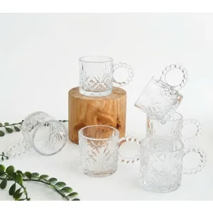 Set 6 cesti cafea si espresso din sticla transparenta cu toarta perlata ABYZ 110ml
