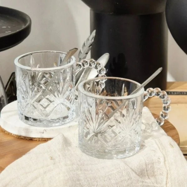 Cesti espresso din sticla transparenta model vintage cu lingurite din inox