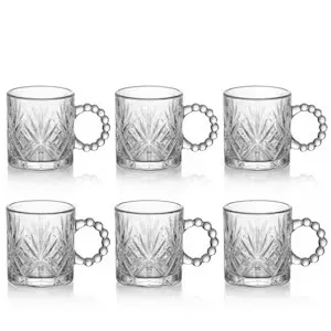 6 cesti cafea din sticla transparenta cu gravura cristal pe fundal alb