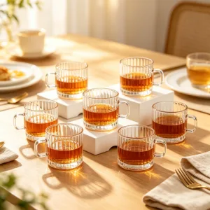 Set 6 cesti cafea si espresso ABYZ, din sticla suflata manual cu striatii, capacitate 120 ml, sticla transparenta rezistenta, design modern cu toarta